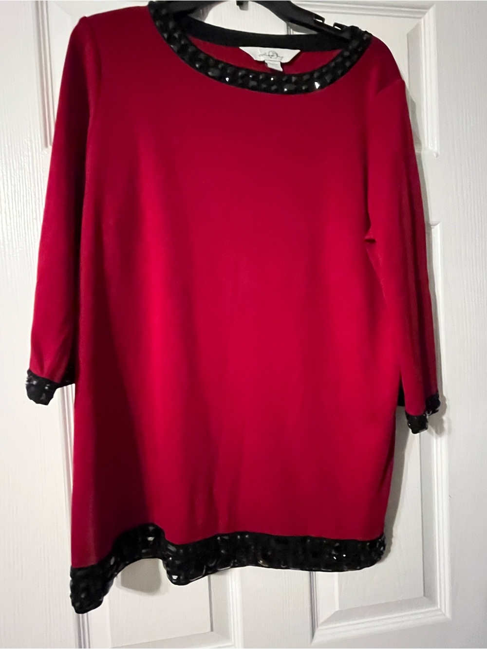 Ming Wang Red Long Sleeve Dress with Black Embellished Trim